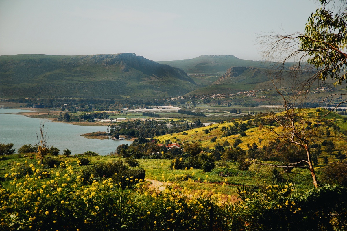 View of NW Shore of Galilee With Mt. Arbel in Background